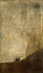 « […] au musée du Prado à Madrid, elle fut hypnotisée non seulement par les grands tableaux de Vélasquez comme Les Ménines, mais encore et surtout par les peintures noires de Goya dont notamment Le Chien, ce tableau presque abstrait qui représente au milieu d’une surface jaune et marron verdâtre la minuscule tête d’un chien presque entièrement enseveli, comme s’il subissait solitairement la destruction du monde par une catastrophe innommable. Une fraction de seconde, tout au fond des yeux d’Aya, l’image de Hanna se superposa à celle du chien qui tournait son regard vide vers le ciel s’effondrant. A chaque pas qu’elle faisait dans un musée, où qu’elle fût, elle se demandait si son père avait marché là où elle marchait. » Akira Mizubayashi, La forêt de flammes et d’ombres,Goya,extrait