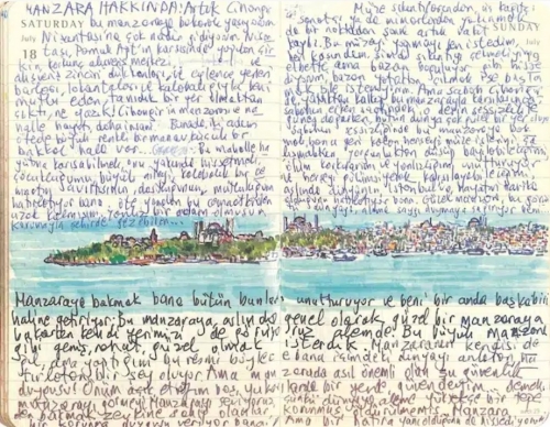 pamuk,souvenirs des montagnes au loin,carnets dessinés,littérature turque,beau livre,dessin,texte et image,journal,autobiographie,peinture,écriture,turquie,istanbul,voyages,culture