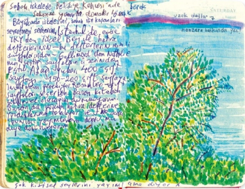 pamuk,souvenirs des montagnes au loin,carnets dessinés,littérature turque,beau livre,dessin,texte et image,journal,autobiographie,peinture,écriture,turquie,istanbul,voyages,culture